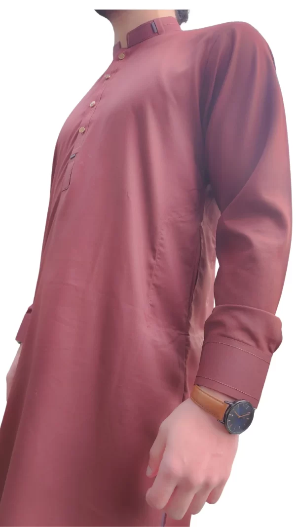 Kurta Pajama | Shalwaar Kameez | Pakistani Indian Traditional Cotton-Blend Men's Wear Set - Burgundy - Image 6