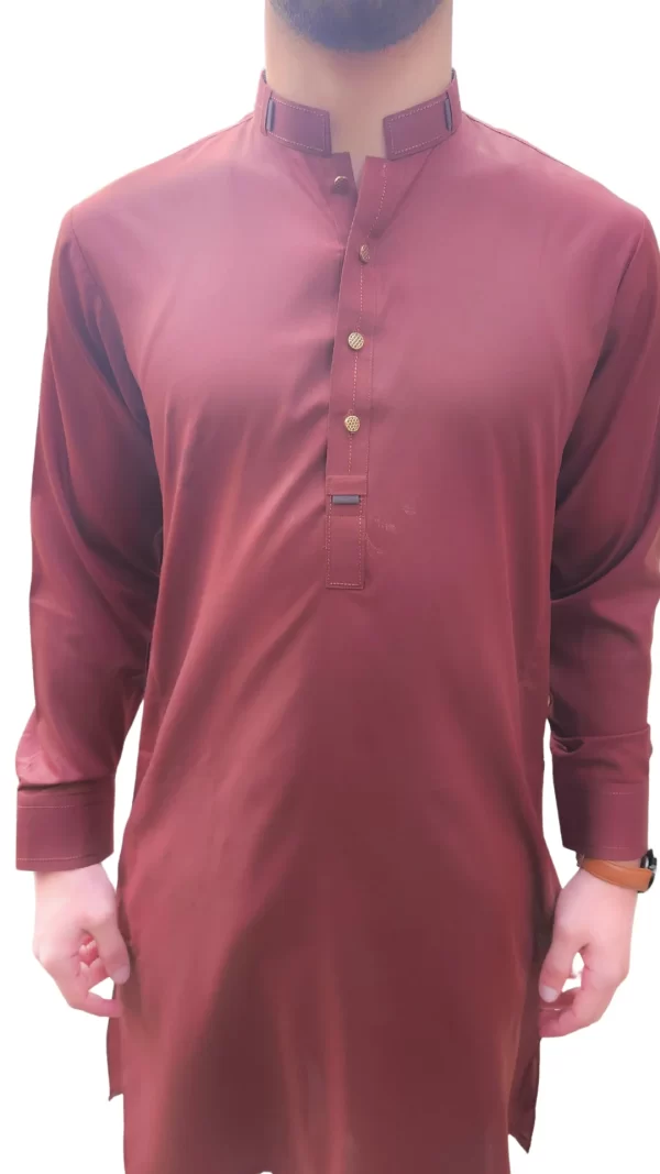Kurta Pajama | Shalwaar Kameez | Pakistani Indian Traditional Cotton-Blend Men's Wear Set - Burgundy - Image 3