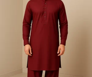 Kurta Pajama | Shalwaar Kameez | Pakistani Indian Traditional Cotton-Blend Men's Wear Set - Burgundy