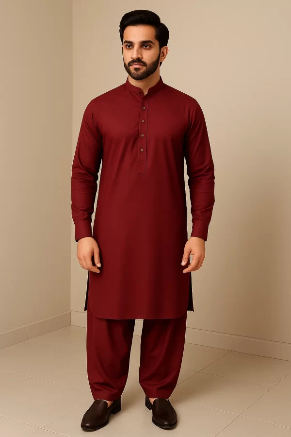 Kurta Pajama | Shalwaar Kameez | Pakistani Indian Traditional Cotton-Blend Men's Wear Set - Burgundy